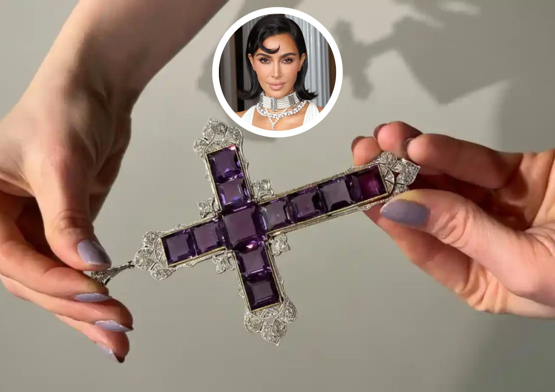 Kim Kardashian Wearing Princess Diana’s Amethyst Cross Necklace